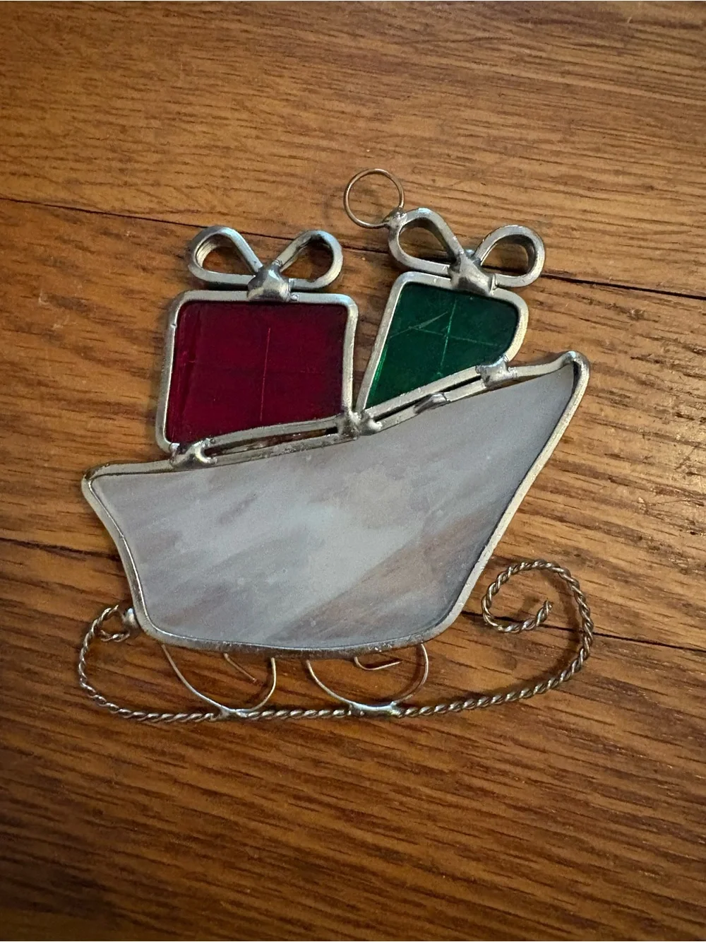 Vintage Christmas sled with presents stained glass suncatcher